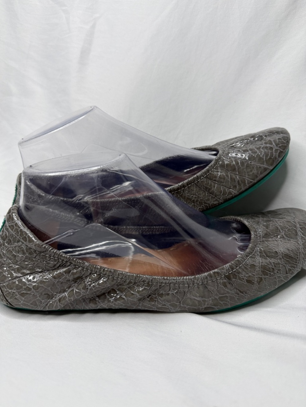Tieks Gray Croc-Textured Ballet Flats with Teal Soles